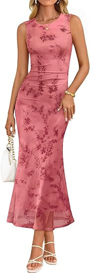 ZESICA Women's Sleeveless Floral Bodycon Maxi Dress 2026 Summer Ruched Mesh Wedding Guest Cocktai... | Amazon (US)