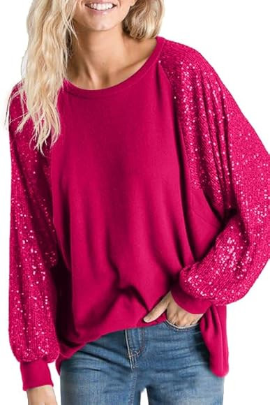 ALLTB Women's Sequin Tops Sparkle Long Sleeve Blouses Shimmer Glitter Sweatshirt Party Crewneck L... | Amazon (US)
