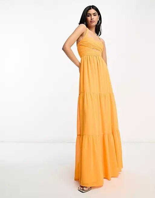 ASOS DESIGN ruched bodice halter tiered maxi dress in bright orange | ASOS (Global)