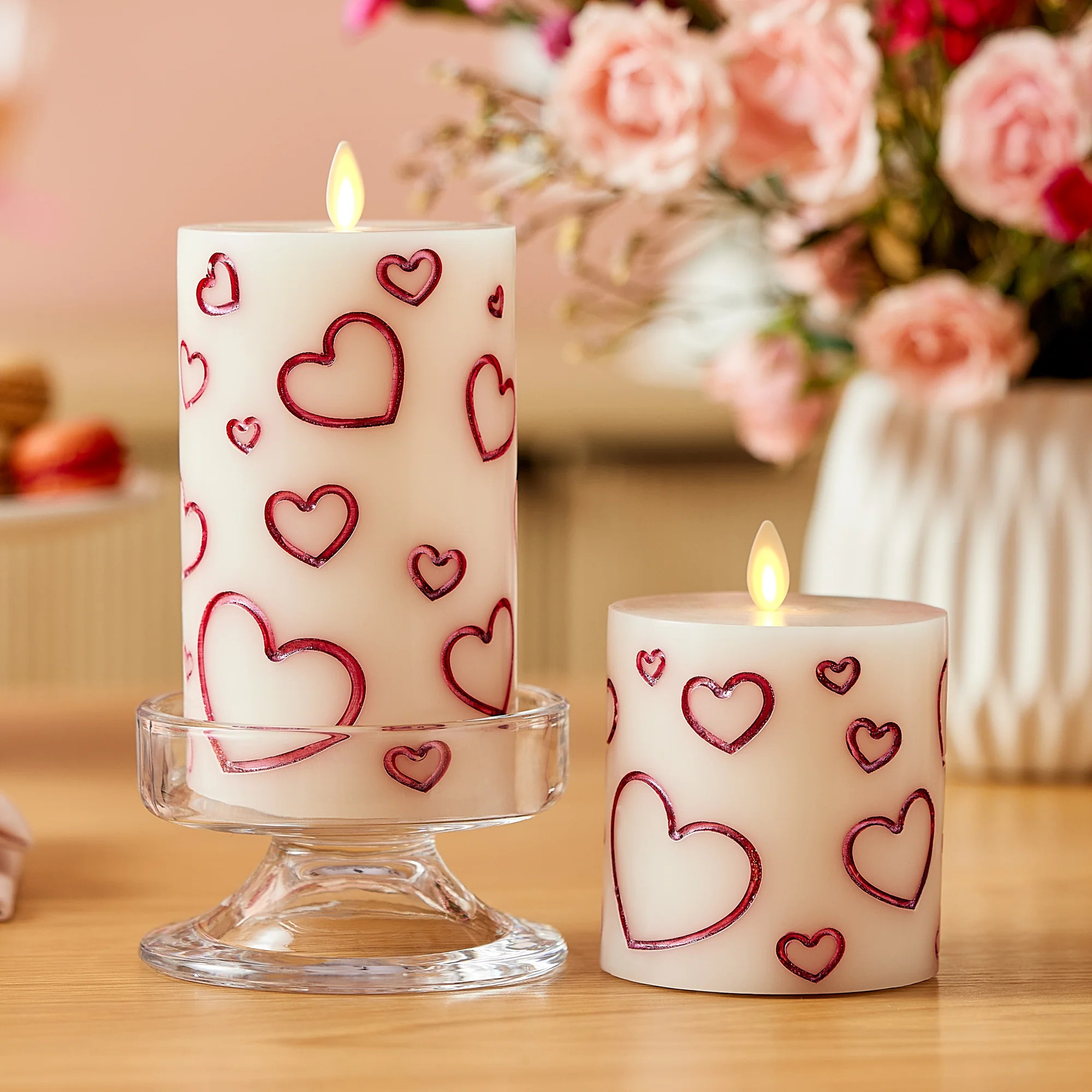 White Porcelain with Metallic Raspberry Hearts Flameless Candle Pillar | Luminara