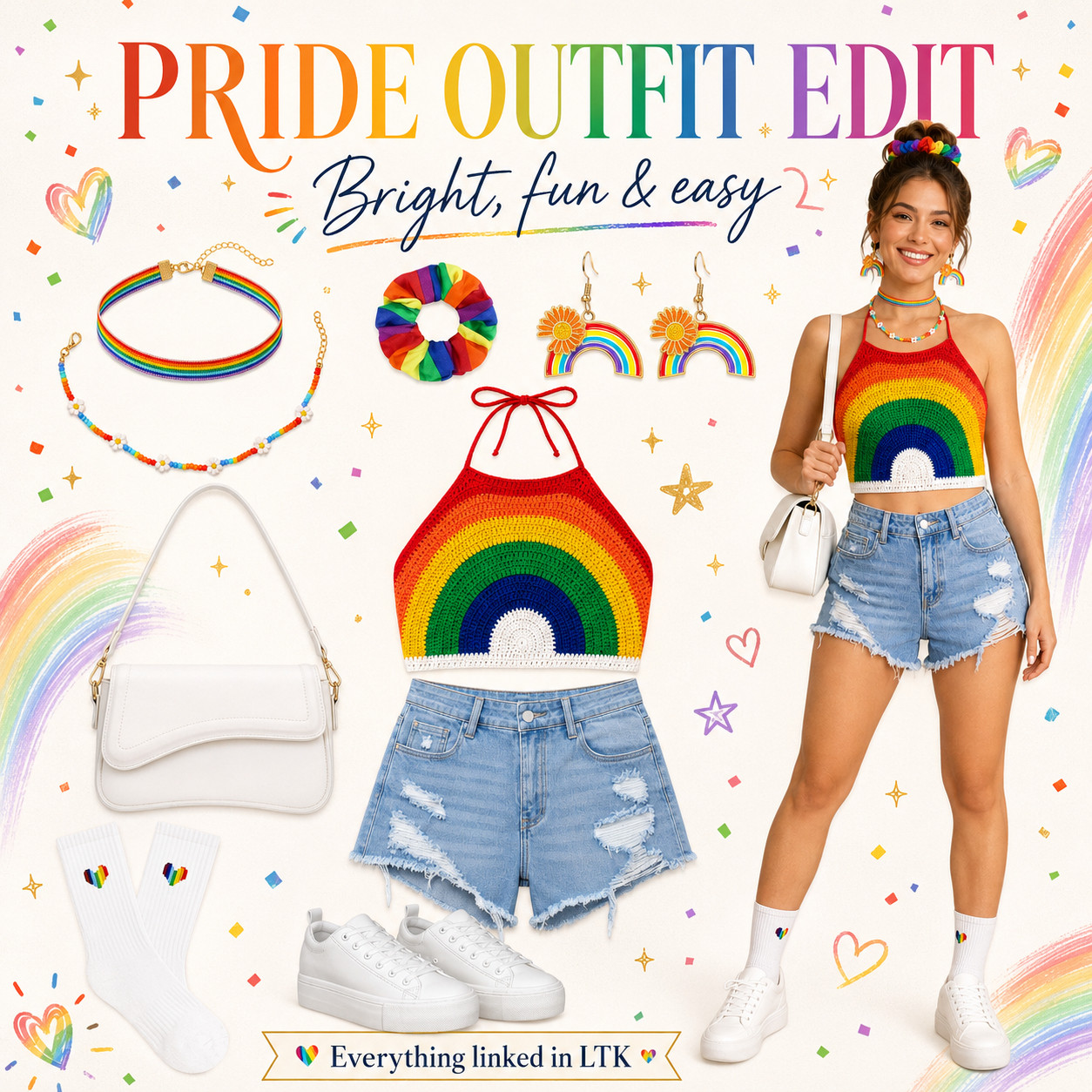 The Amazon Chic Pride Outfit You’ll Actually Rewear!! 🌈

This is the Pride Month outfit edit to save when you want something colorful, cute, comfortable, and actually easy to wear. 

Everything is affordable Amazon finds, but the full look feels styled — the rainbow crochet top, denim shorts, white sneakers, rainbow socks, cute bag, bright accessories, and fun little details that make the outfit feel instantly put together.

This is the kind of look that works for June Pride celebrations, summer festivals, concerts, parades, brunch, vacation days, beach-town weekends, girls’ trips, or any sunny day where you want your outfit to feel happy without overthinking it. 

It gives that bright, confident, main-character summer energy while still being casual enough to wear all day.

What makes this one worth shopping is how rewearable everything is. 

The denim shorts and sneakers go with your whole summer closet, the crochet top makes the outfit pop, and the accessories add that fun Pride outfit moment without making the look feel too much. 

It’s cute for Pride Month, but not limited to one event — which is exactly what makes it an easy yes.

I did the digging for you and linked the affordable Amazon finds to recreate the full look.

↓ Everything is linked!

#LTKActive #LTKSaleAlert #LTKTravel