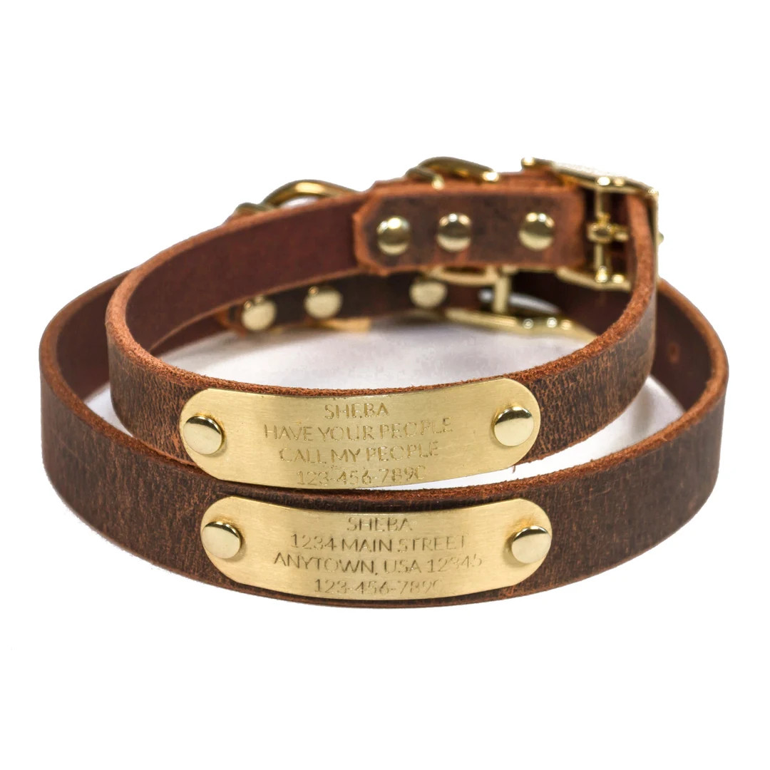 Personalized Dog Collar, Handmade Distressed Brown Leather Dog Collar, With FREE Engraved Name Pl... | Etsy (US)