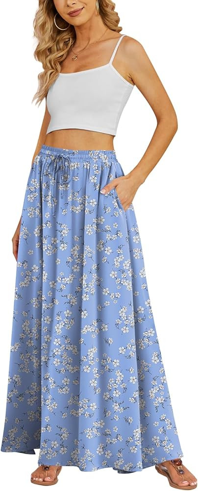 Yincro Women's Flowy Maxi Skirt Summer Pleated High Waisted Casual Long Skirts with Pockets | Amazon (US)