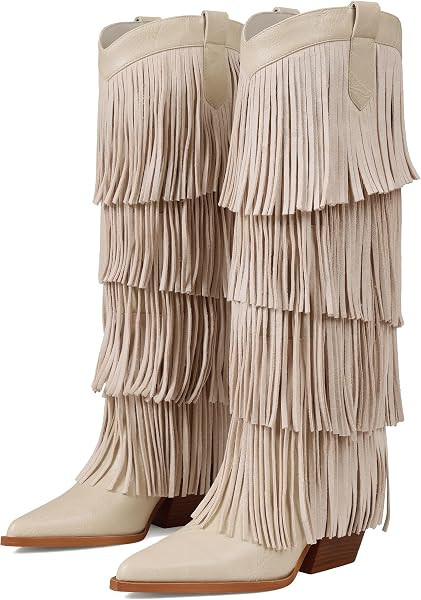 Womens Fringe Boots Knee High Cowboy Boots Chunky Heel Western Pointed Toe Slip on Wide Calf Cowg... | Amazon (US)