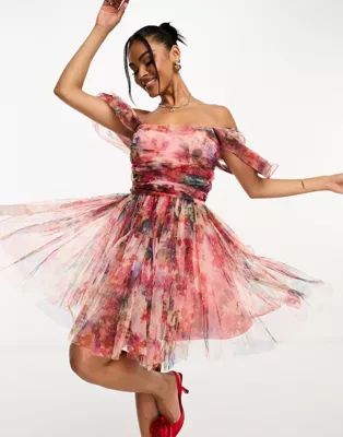 Lace & Beads off shoulder tulle mini dress in mixed floral | ASOS (Global)