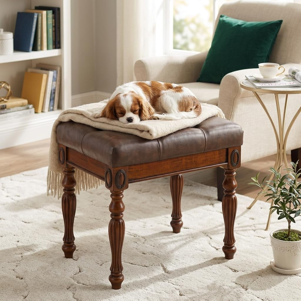 Vanity Stool Bench for Makeup Room, Upholstered Piano Bench with Faux Leather, Shoe Bench with Carved Wood Leg, 18.5” x 14.2” x 19.1" Bed End Benchs, Tool-free Assembly, Walnut &Cherry Brown FD1533BN | Amazon (US)