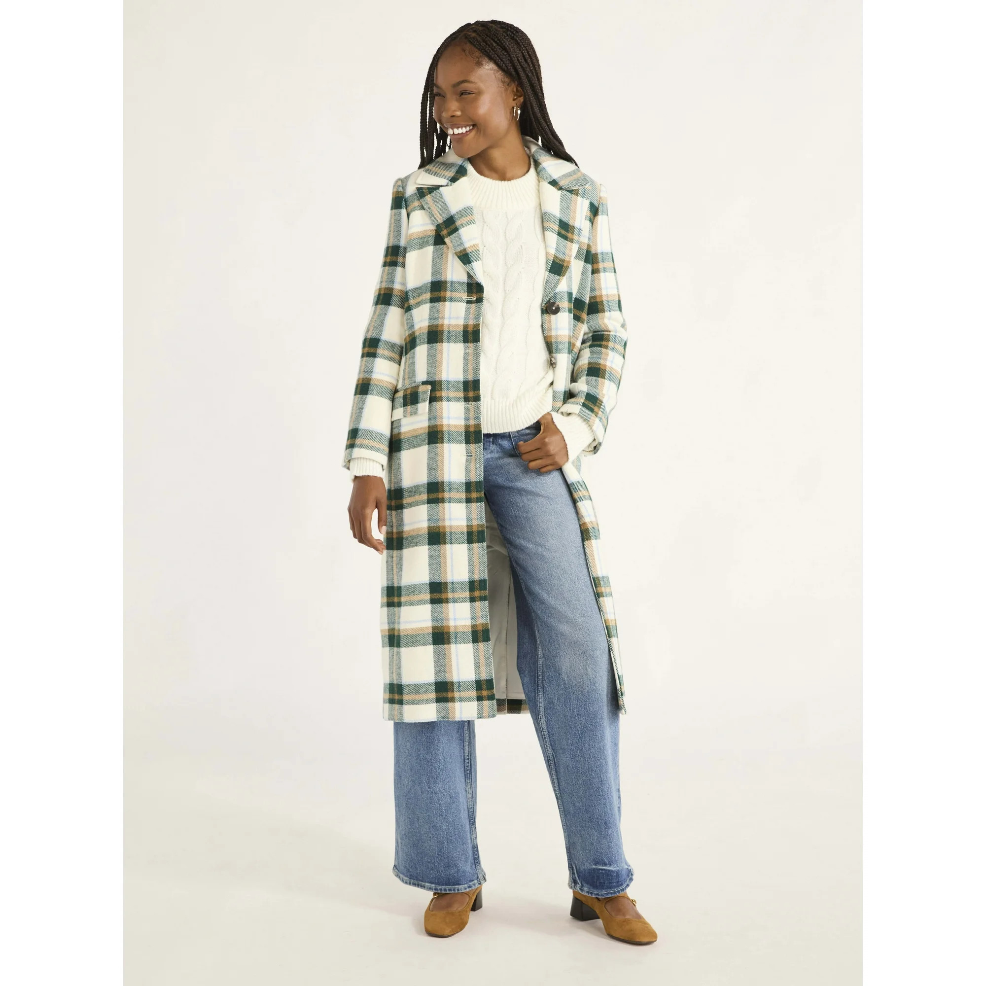 Free Assembly Women’s Plaid Wool Blend Long Coat, Sizes XS-XXXL | Walmart (US)