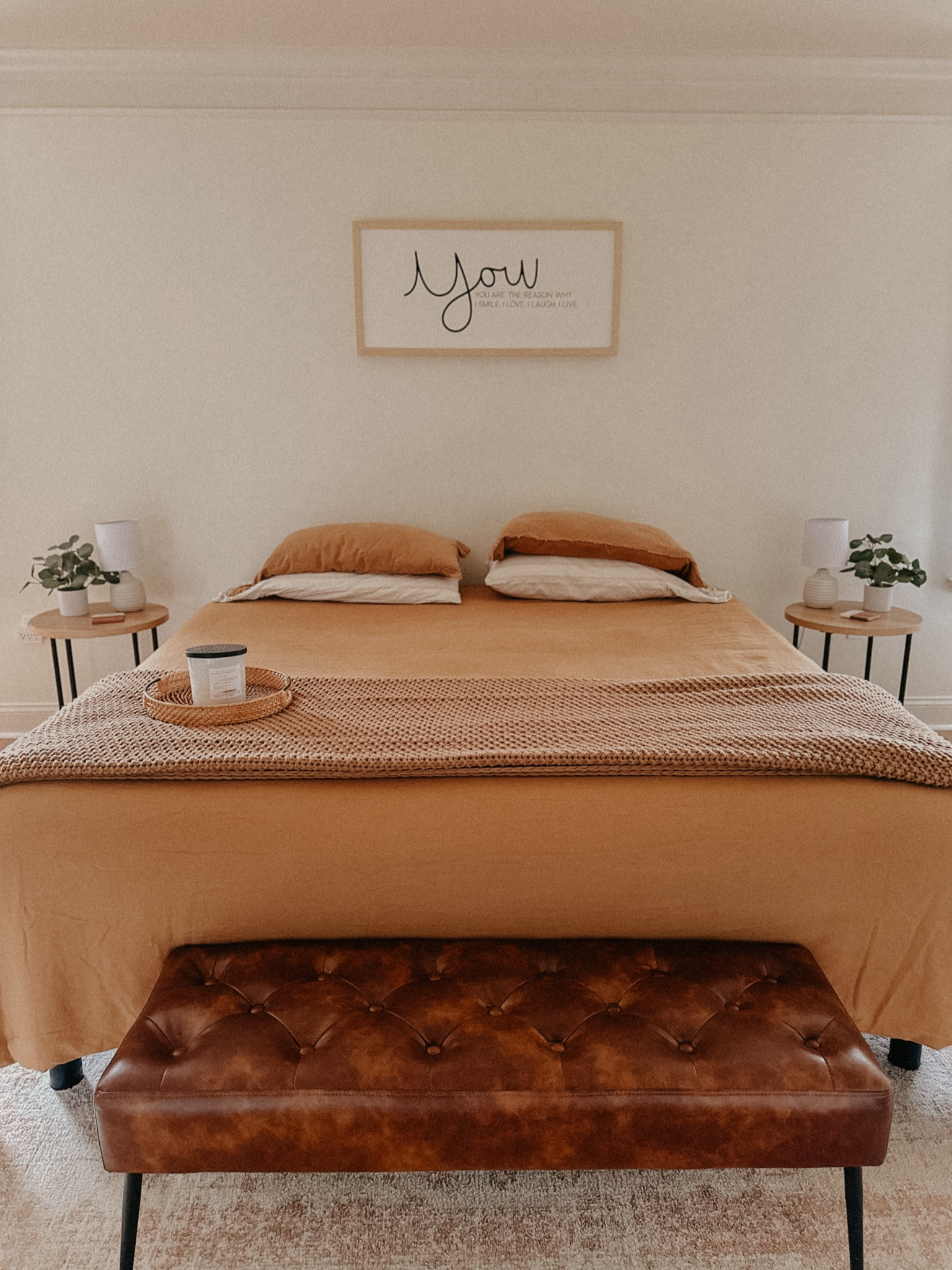 love a bedroom ‘reset’ 

added the new knit blanket and it’s perfect

still in love with these color choices 3 years later 

comforter / bed / furniture / cozy / home / faux plants / night stand tables 