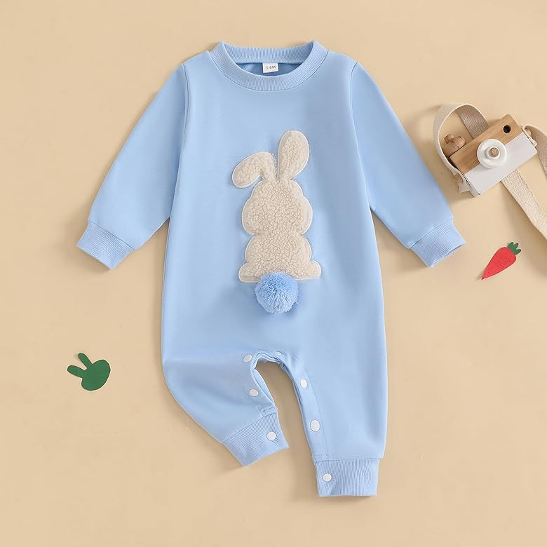 Easter Baby Boy Girl Outfit Embroidery Bunny Rompers Bunny Tail Jumpsuit Unisex Newborn Infant Easter Clothes | Amazon (US)