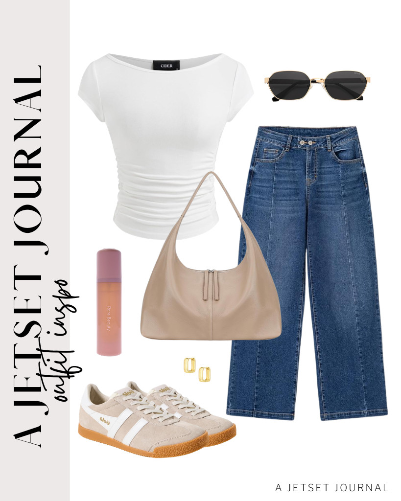 Start your first outfit with a CIDER boat-neck tee and Sidefeel baggy jeans. To style this fit, wear your Gola Elan sneakers and SOJOS hexagon sunglasses. This befen shoulder bag is perfect for this look together with these small chunky hoop earrings.

#LTKSeasonal #LTKSaleAlert #LTKTravel
 

 