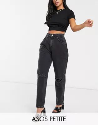 ASOS DESIGN Petite high rise "slouchy" mom jeans in washed black with rips | ASOS (Global)