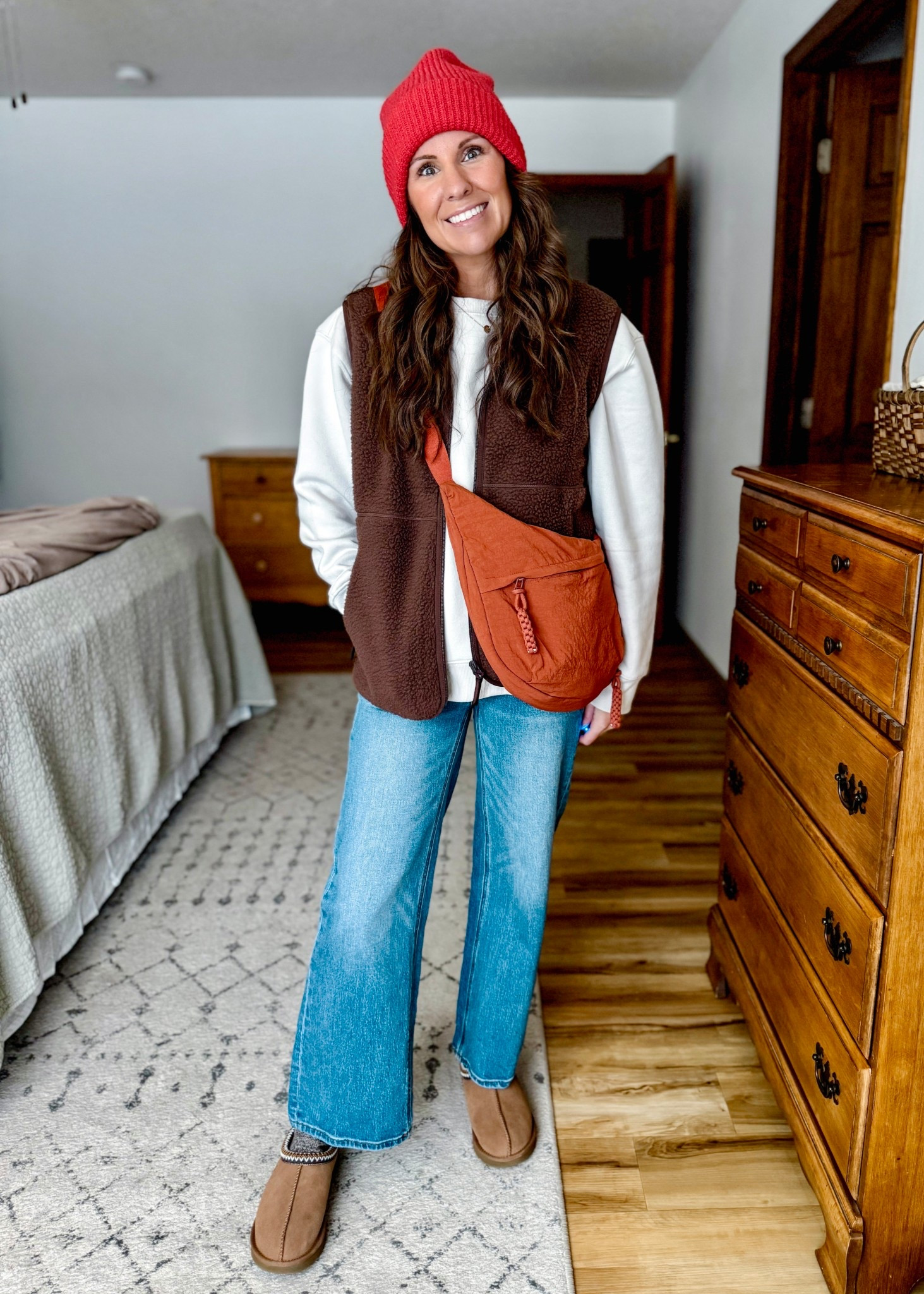 Wearing size small in my tee, xs in my crenweck (also own in burgundy and grey), xs in my Sherpa vest, 24 in the 26” inseam in my jeans, and my true size 6 in my ugg tasmans (also linked some more affordable versions). 
My hat is a few years old so l linked this year’s version and some similar ones. 

#LTKSeasonal #LTKPetite #LTKgrwm