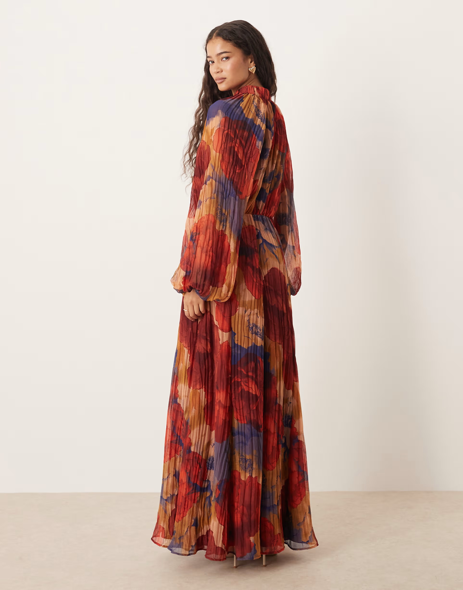 ASOS DESIGN high neck crinkle maxi dress with blouson sleeve in red blue floral print | ASOS (Global)