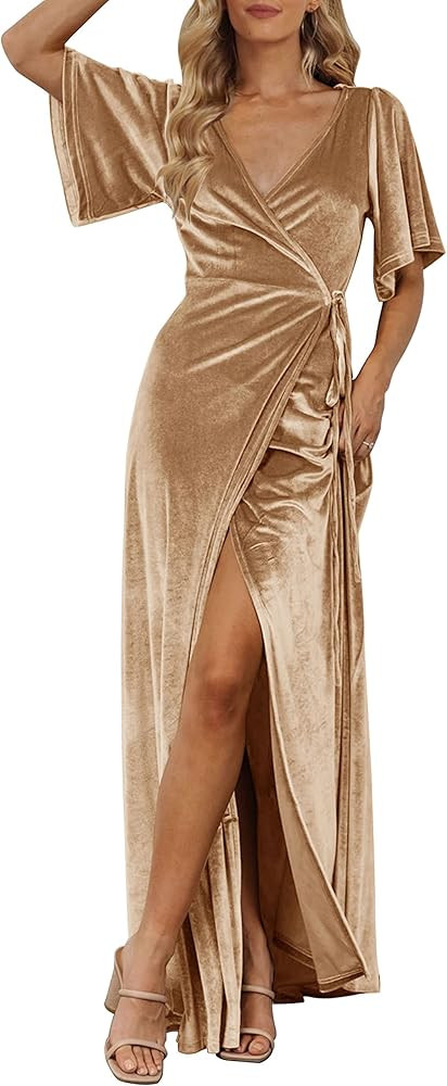 MEROKEETY Women's V Neck Wrap Velvet Maxi Dress Bell Sleeve Split Bridesmaid Cocktail Party Dress... | Amazon (US)