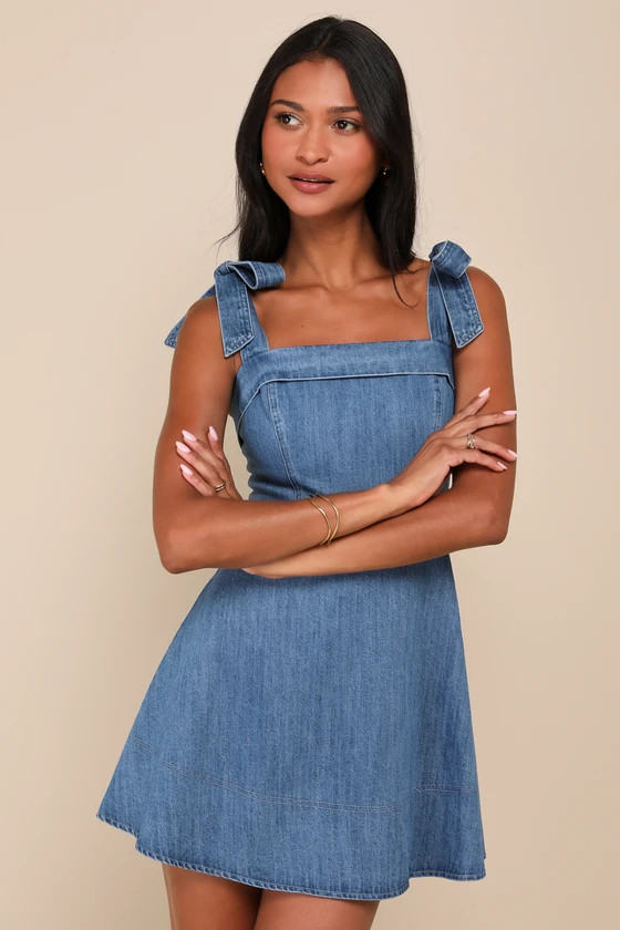 Precisely Sweet Medium Wash Tie-Strap Denim Mini Dress | Lulus