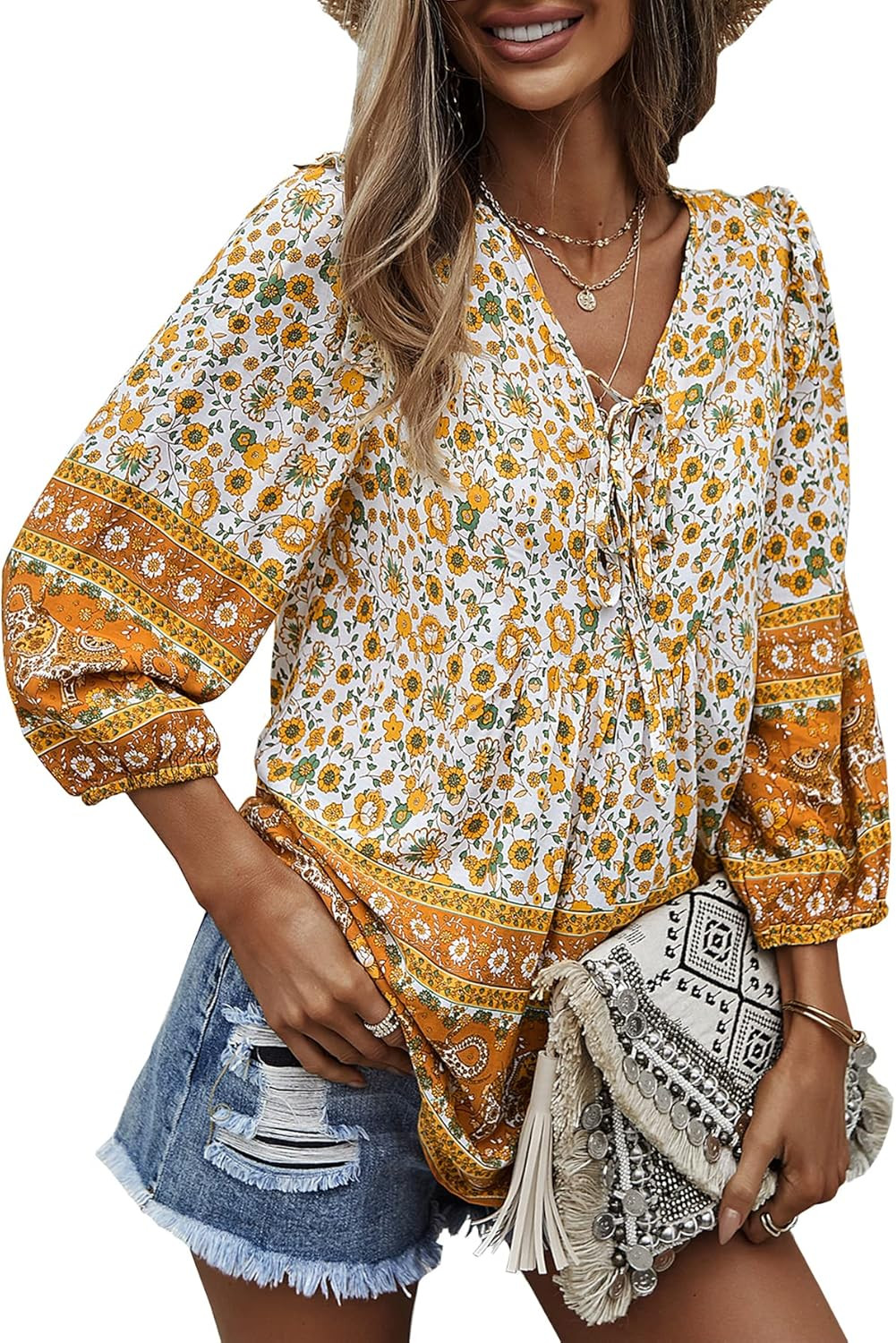 KAYWIDE Women's Casual Boho V Neck Top Loose Floral Printed Long Sleeve Beach Shirts Blouses | Amazon (US)