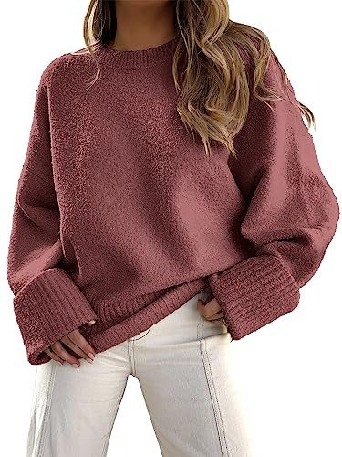 ANRABESS Women's Oversized Crewneck Long Sleeve Fuzzy Knit Casual Chunky Warm 2024 Fall Pullover Sweaters Top Trendy Outfits Fuchsia Large | Amazon (US)