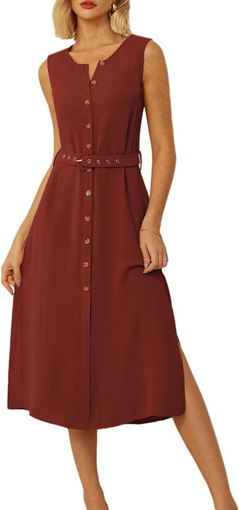 GRACE KARIN Women Casual Summer Dress 2024 Business Work Belted Sleeveless Button Down Shirt Dres... | Amazon (US)