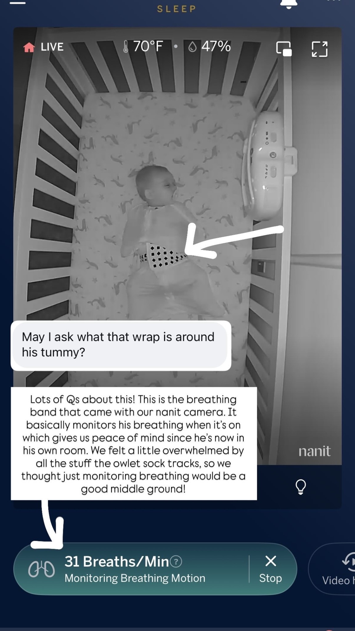 This is the breathing band that came with our nanit camera. It basically monitors his breathing when it’s on which gives us peace of mind since he’s now in his own room. We felt a little overwhelmed by all the stuff the owlet sock tracks, so we thought just monitoring breathing would be a good middle ground!

#LTKmomlife #LTKBaby