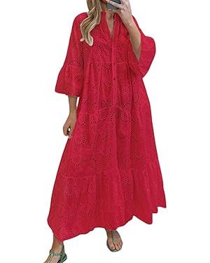 chouyatou Women's 2025 Lace Eyelet Embroidery Maxi Dress V-Neck Trumpet Sleeve Boho Flowy Swing D... | Amazon (US)