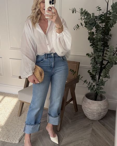 Simple, easy to wear date night summer outfit. 
I’m wearing a uk 8 in the jeans (although they are very tight around the thighs!) and a medium in the blouse. 
White heels are from Zara but I can’t link Zara in here so I’ve included some alternatives 

#LTKsummer #LTKspring #LTKstyletip