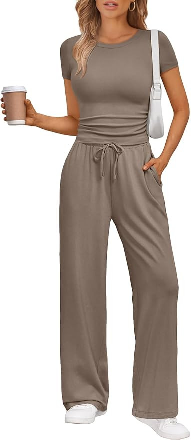 Trendy Queen 2 Piece Matching Summer Sweatsuit Lounge Set Womens Wide Leg Pants Side Ruching Crop... | Amazon (US)