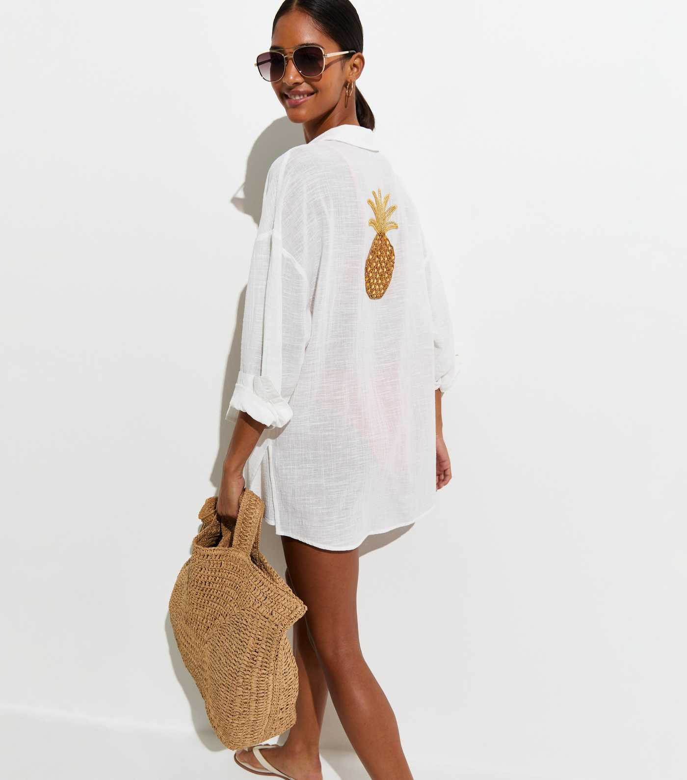 White Cotton Pineapple Beaded Oversized Beach Shirt | New Look | New Look (UK)