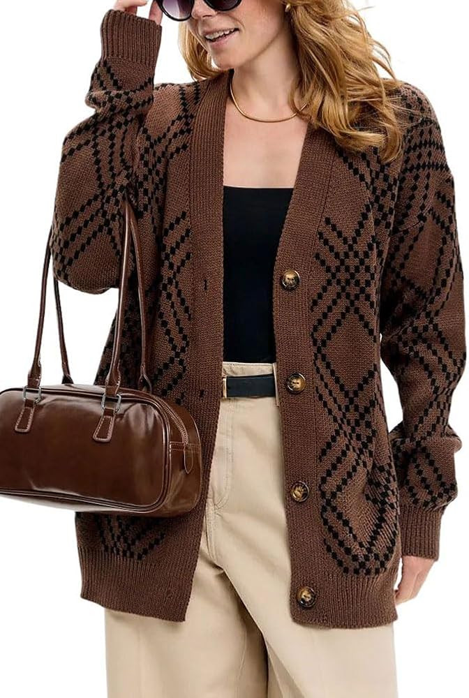 chouyatou Women's 2025 Fall Argyle Plaid Knitted Sweater Cardigan Cute V-Neck Button Down Cardiga... | Amazon (US)
