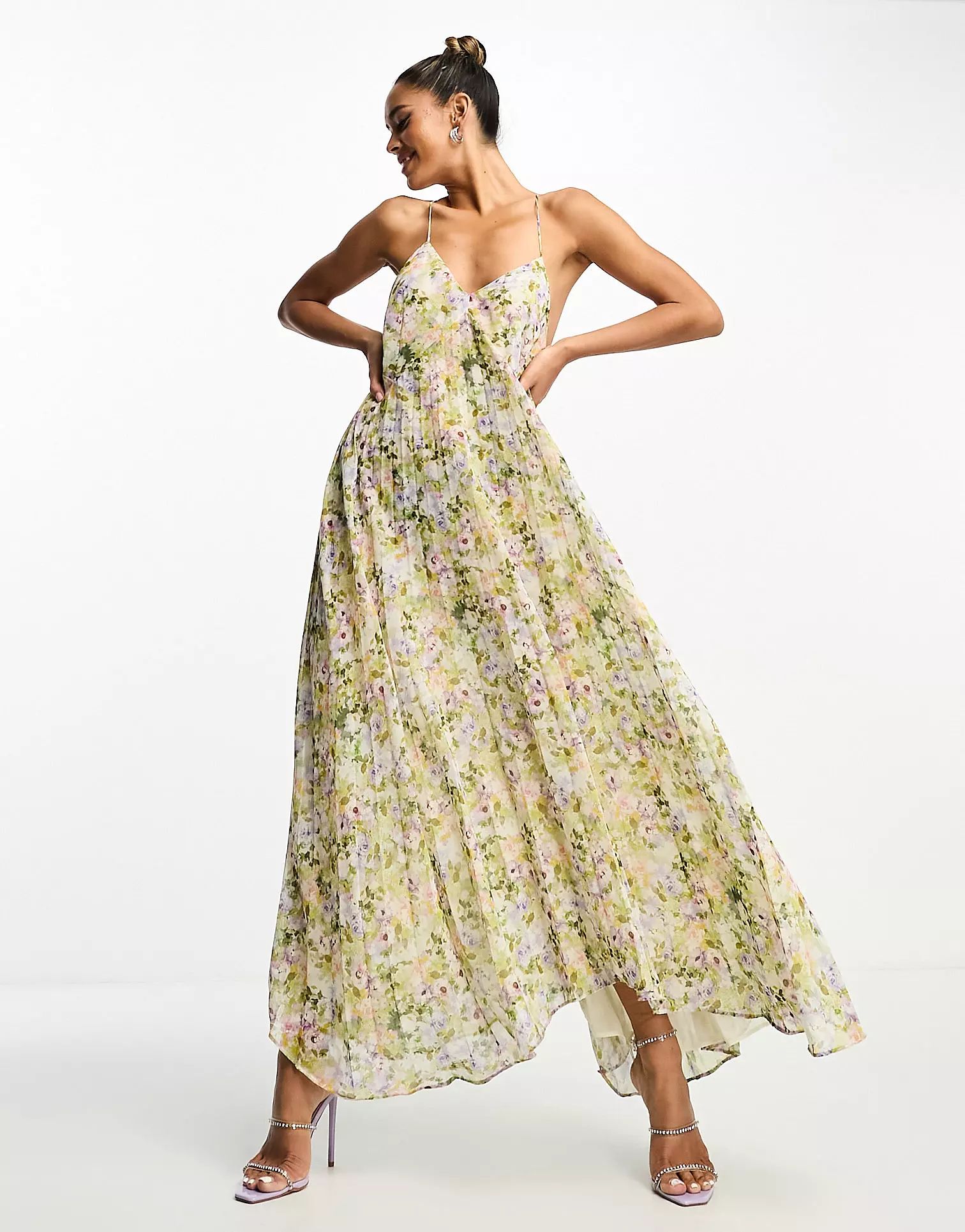 Mango premium pleated maxi dress with backless detail in floral | ASOS (Global)
