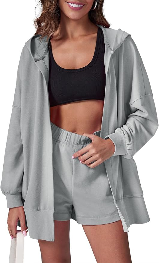 Aurgelmir Women's 2 Piece Outfits Sweatsuits Oversized Long Sleeve Hoodies and Shorts Tracksuit S... | Amazon (US)