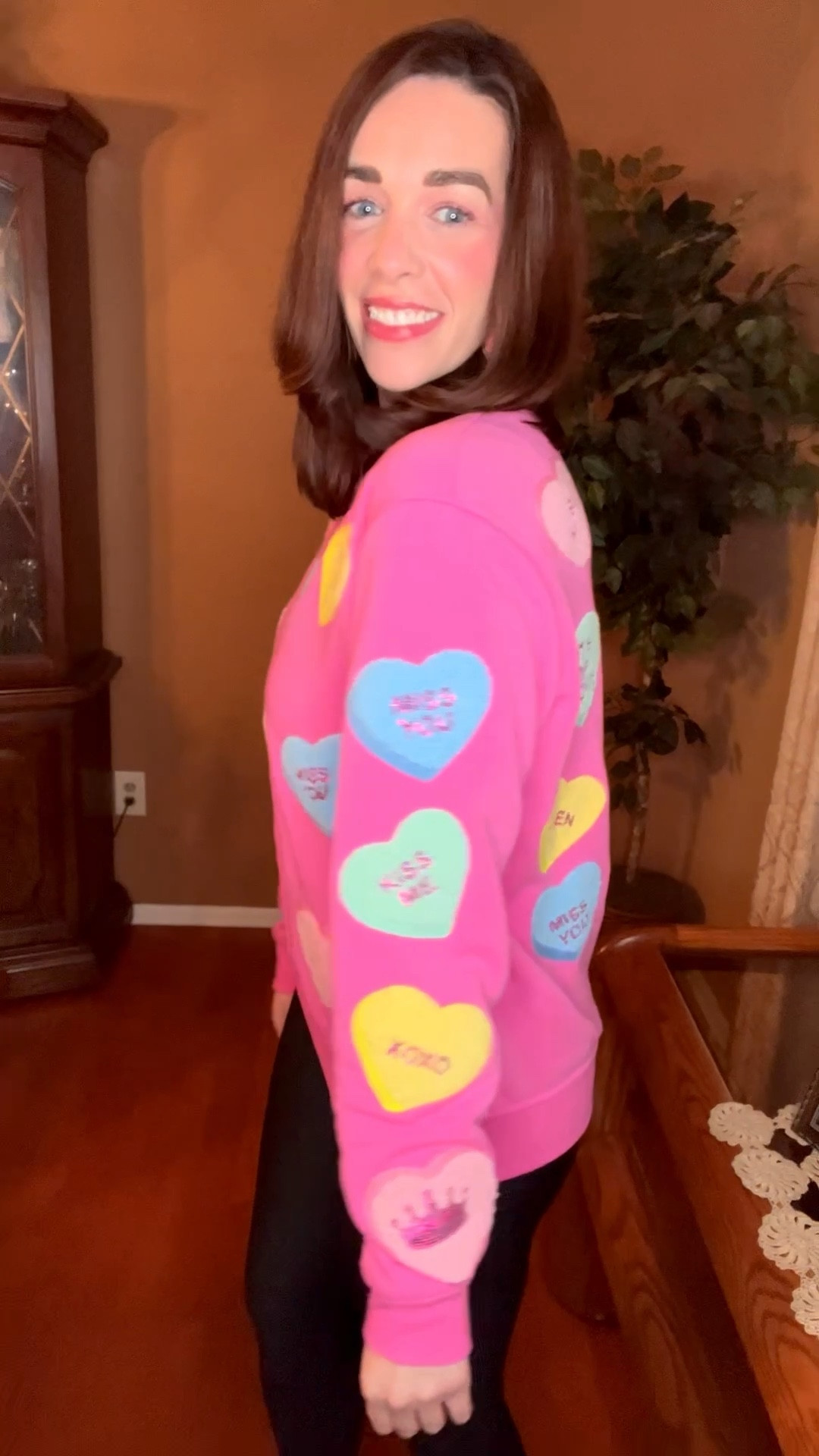 Pink conversation hearts sweatshirt (small). Black faux leather leggings (small). Multicolor sneakers (8.5). #sweatshirt #pinksweatshirt #conversationheartssweatshirt #leggings #blackleggings #fauxleatherleggings #sneakers #multicolorsneakers  
date night outfits 
valentines outfit women

#LTKValentine #LTKSeasonal