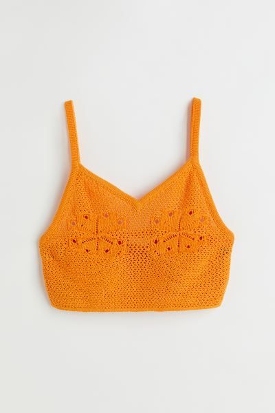Soft, knit crop top with a crocheted look. Narrow shoulder straps, V-neck, and concealed elastic ... | H&M (US)