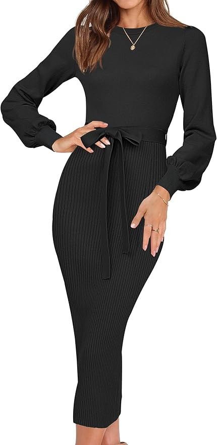 HAEOF Womens 2024 Fall Sweater Dress Elegant Ribbed Knit Crewneck Long Puff Sleeve Winter Bodycon... | Amazon (US)