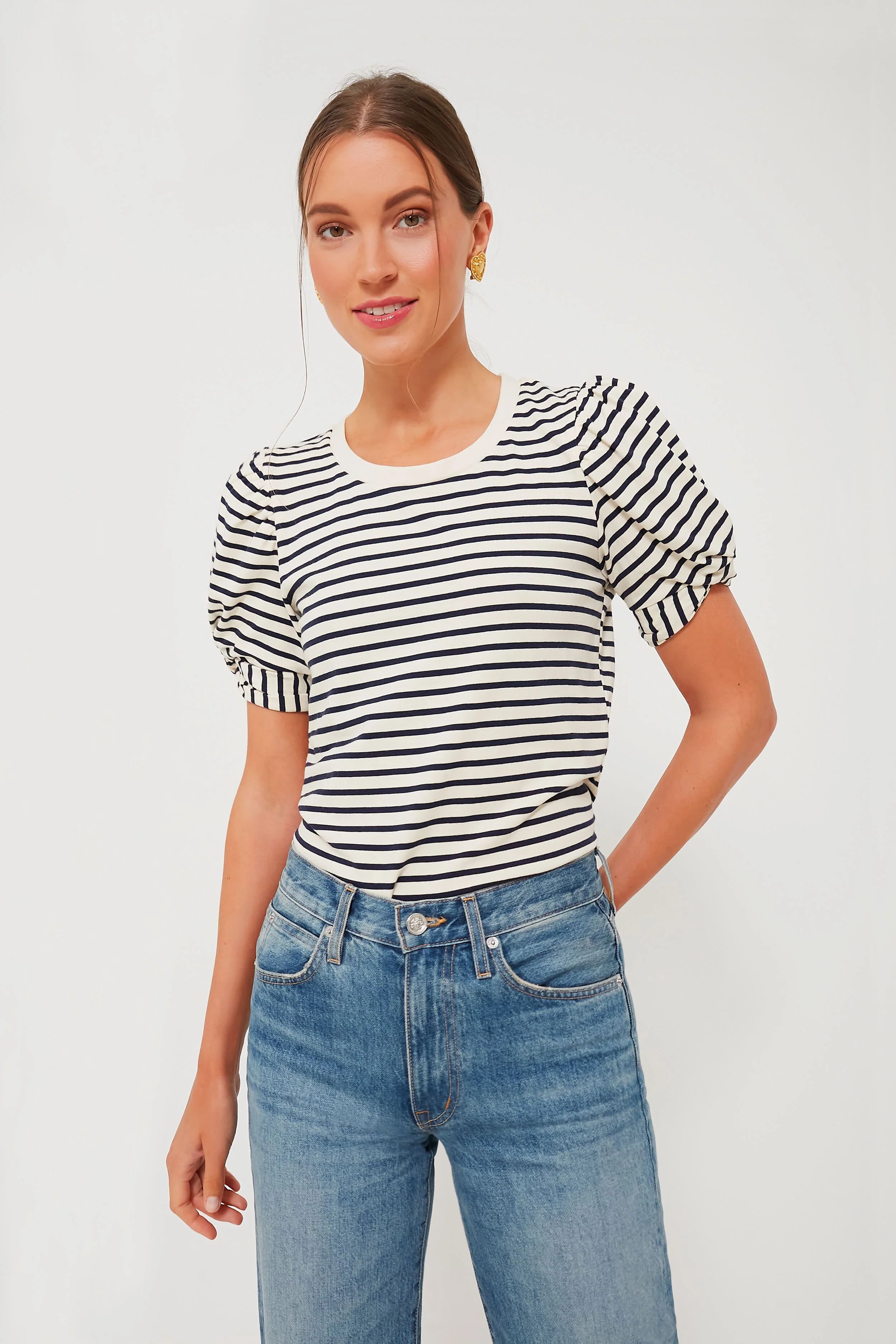 Navy Striped Vesty Puff Short Sleeve Crewneck | Tuckernuck (US)