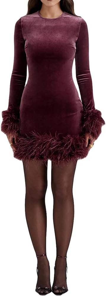Owl's-Yard Women Long Sleeve Feather Trim Bodycon Dress Sexy Crew Neck Feather Patchwork Velvet M... | Amazon (US)