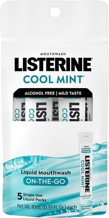 Listerine On-The-Go Cool Mint Alcohol Free Mouthwash Packets, Oral Rinse in Individual Packets Kills Bad Breath Germs, Less Intense Taste, Cool Mint Flavor, Mini Travel Size, 0.33 fl oz. Pack of 5 | Amazon (US)