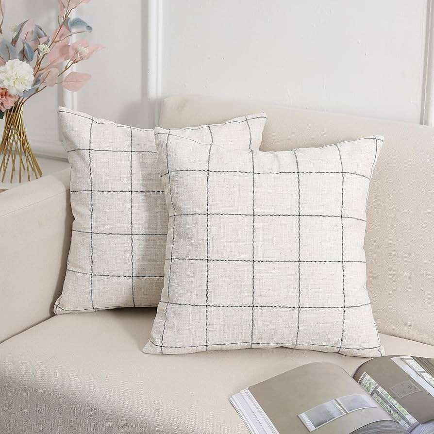 wyooxoo Pack of 2 Throw Pillow Covers 20x20 Farmhouse Pillow Covers White Linen Beige Plaid Decor... | Amazon (US)