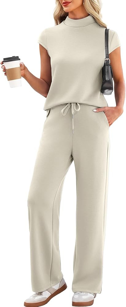 Casly Lamiit Two Piece Sets for Women 2026 Summer Travel Outfits Mock Neck Cap Sleeve Tops Lounge... | Amazon (US)