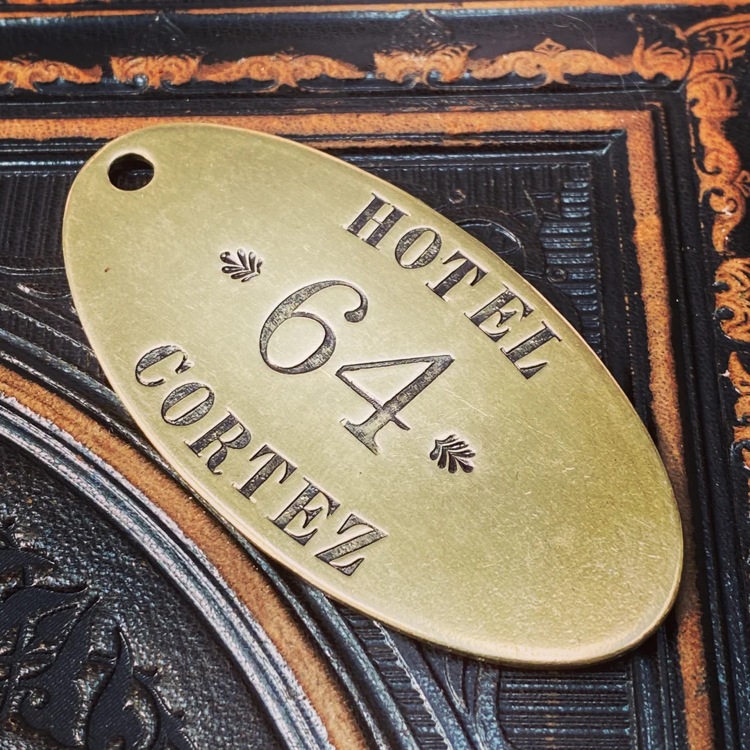 Custom hand stamped Hotel Room Key Tags - 3" x 1.5" brass oval key chain fob - brass cow tag - bu... | Etsy (US)