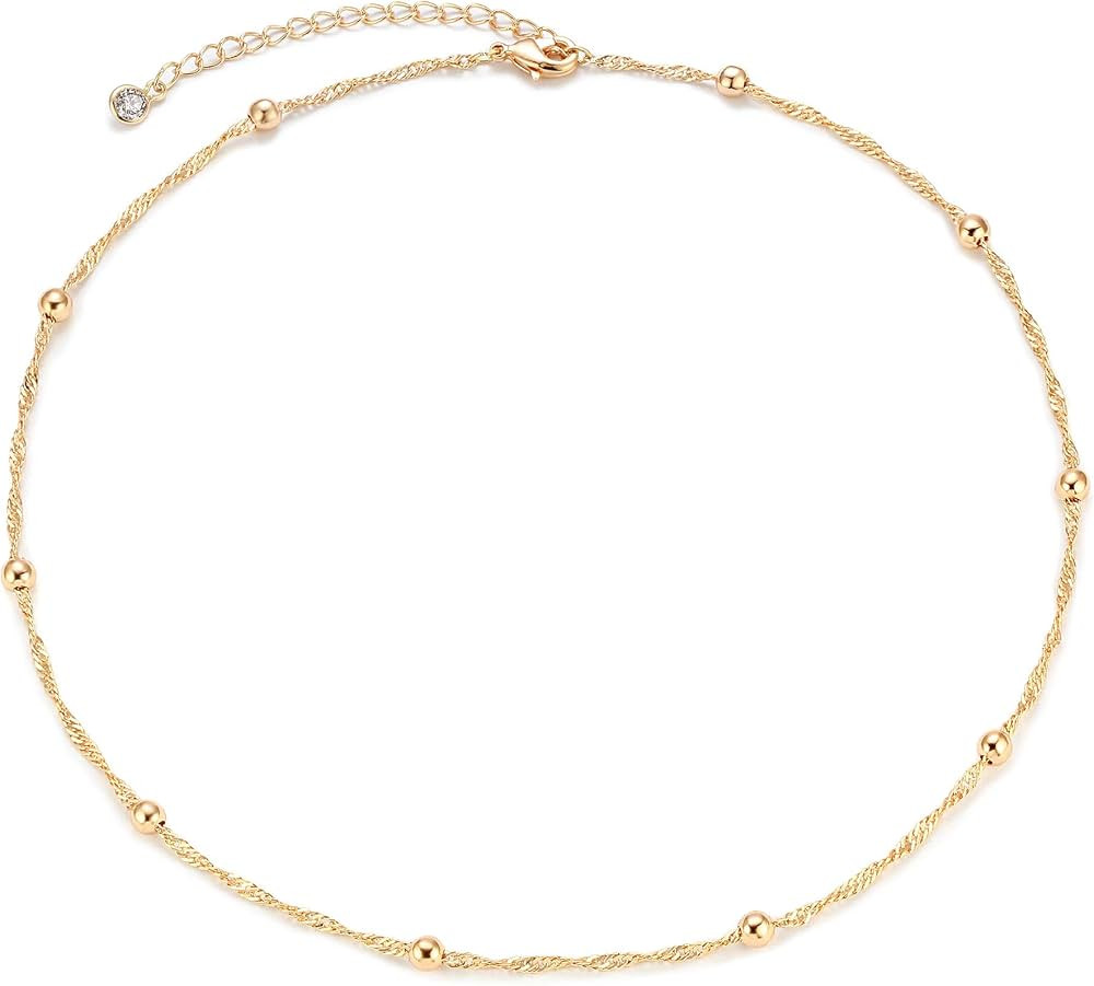 Gold Dainty Heart/Pearl/Cross Choker Necklace,14K Gold Plated Tiny Delicate Bead Link Wave Chain ... | Amazon (US)
