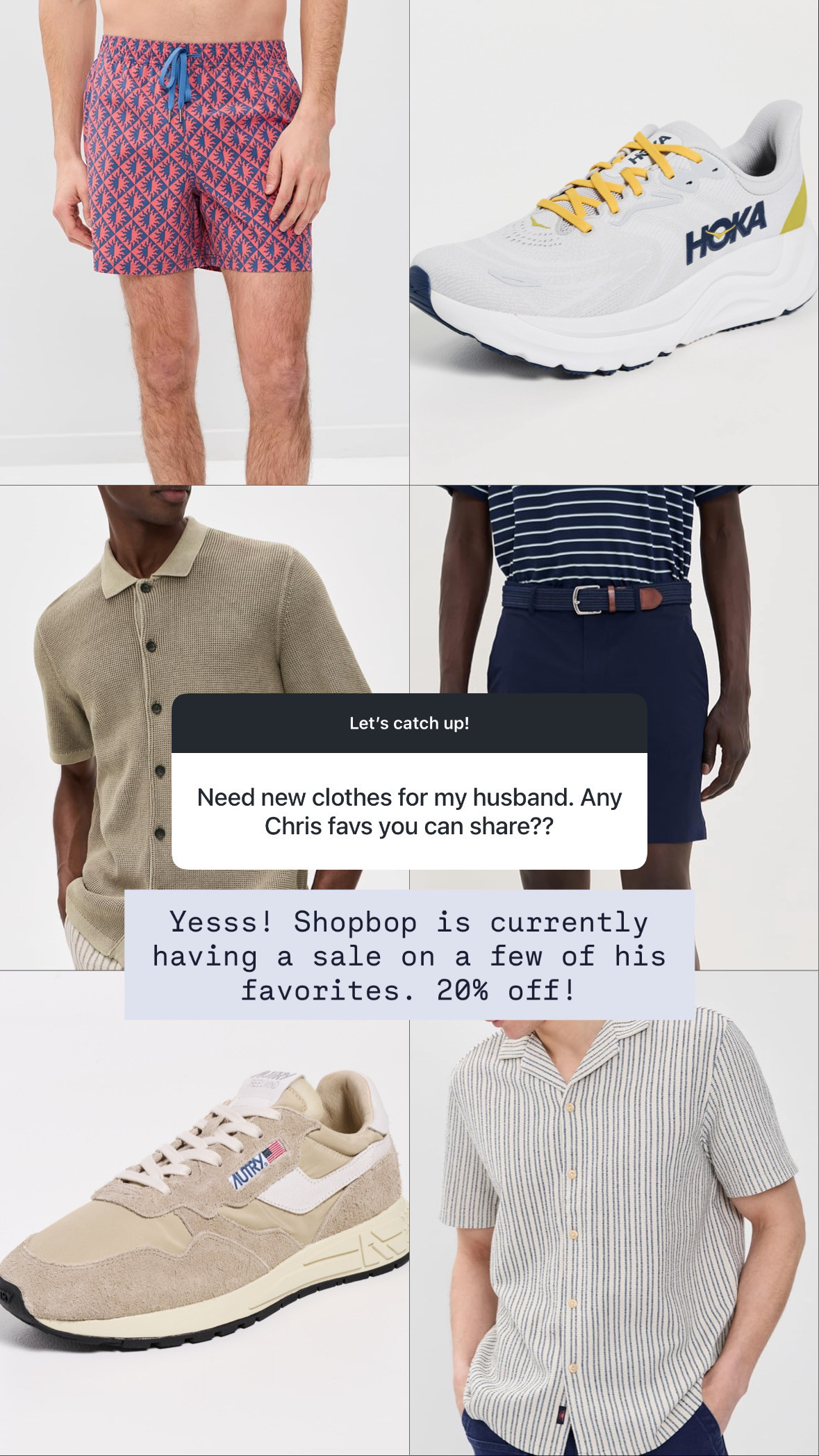 If you're looking for some wardrobe additions for the guy in your life for spring and summer, here are some favorites from Shopbop! Lots of good seasonal pieces that match with several different items he already owns. The quality will last you for years to come!

Loverly grey, clothes for him, sale mens clothes, swim trunks men, autry sneakers, linen pinstripe button down, hoka white and yellow, summer outfits men, resort wear 

 #LTKSeasonal #LTKTravel #LTKMens