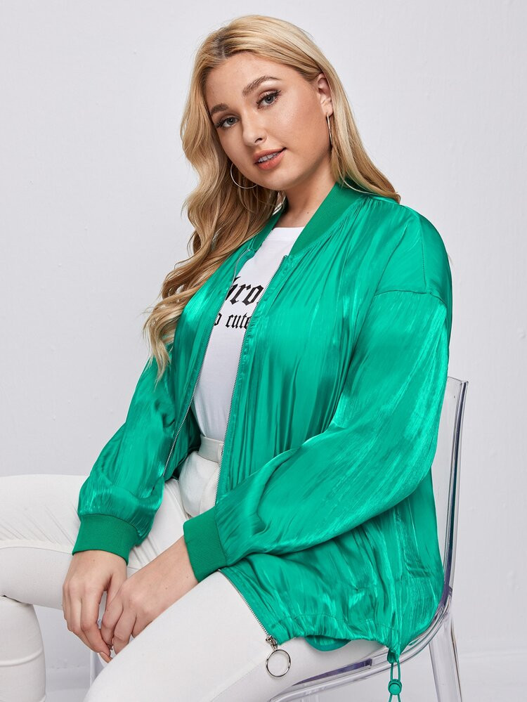 SHEIN Plus Zip Up Drawstring Hem Satin Bomber Jacket | SHEIN