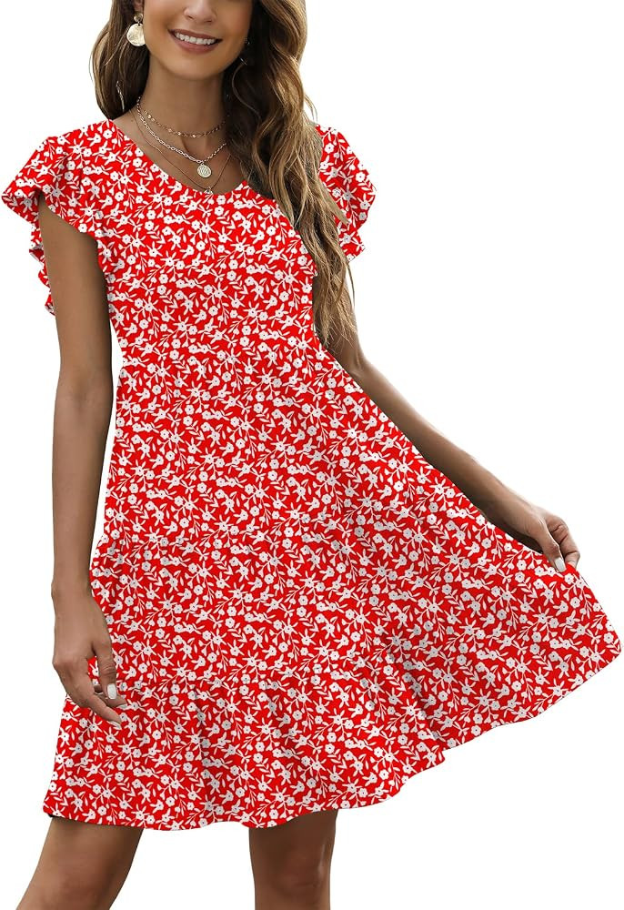 Lyrur Sundresses for Women Wedding Guest Cute Ruffle Sleeve Mini Tiered Babydoll Casual Beach Bla... | Amazon (US)