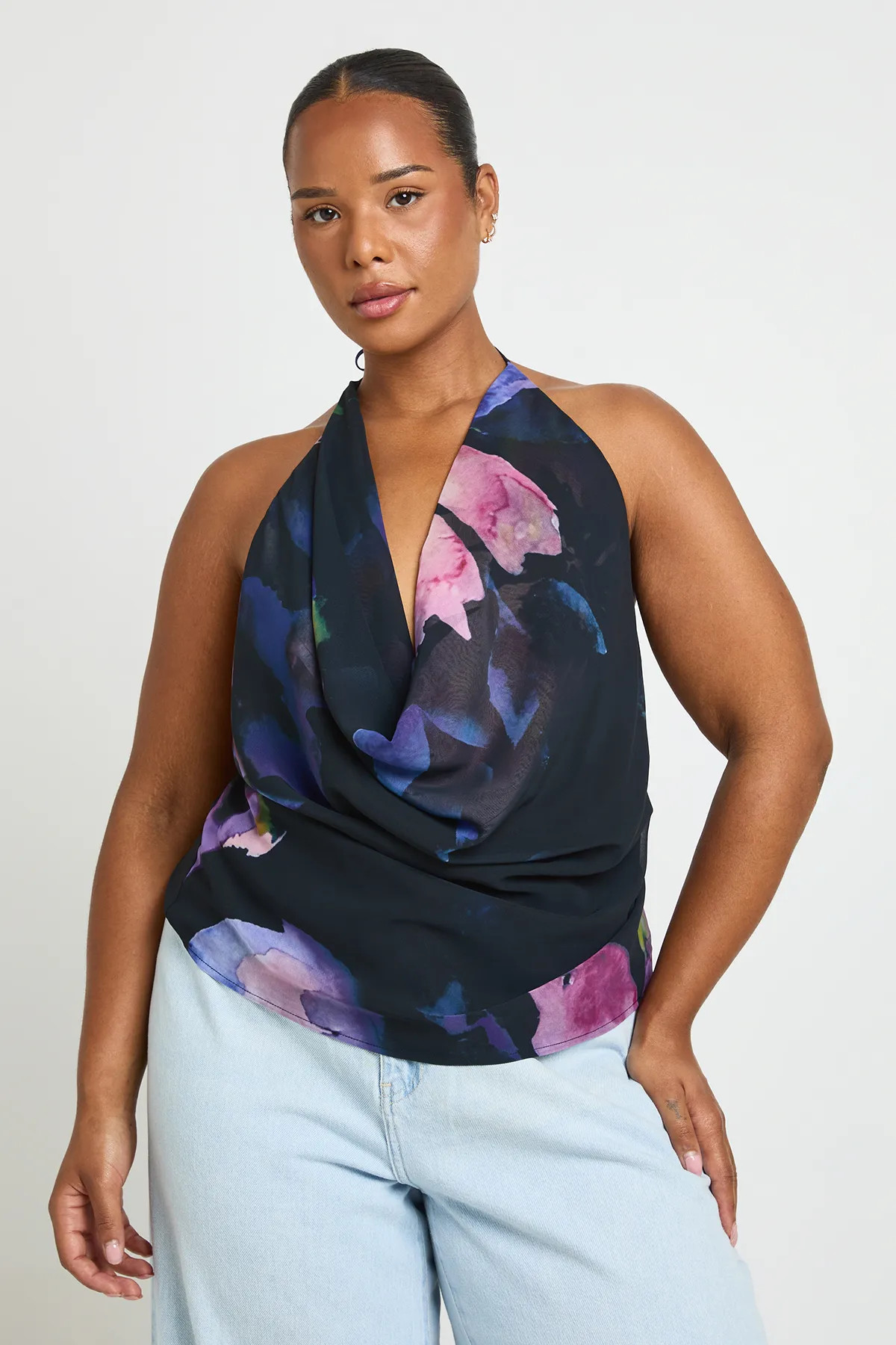 boohoo Women's Plus Printed Cowl Neck Top in Purple | Size: 12 | Chiffon | boohoo (US & Canada)