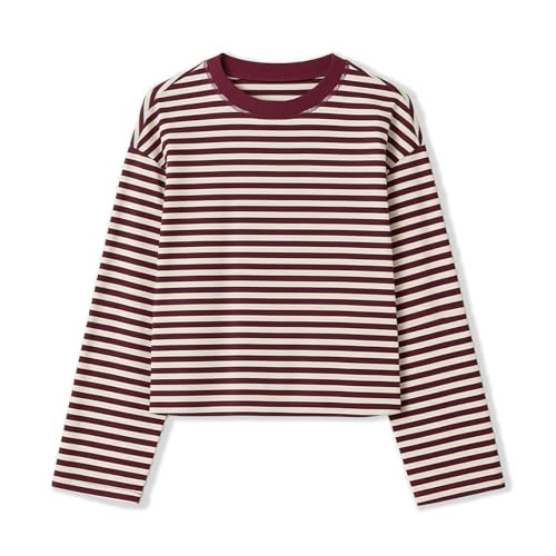 KOSUSANILL Striped Long Sleeve Shirt Women Oversized Baggy Tshirt Crewneck Boxy Cropped Tee Tops Drop Shoulder Y2K Cute Preppy Sweatshirt Vintage Teen Girls Fall Pullover Top (Red, L) | Amazon (US)