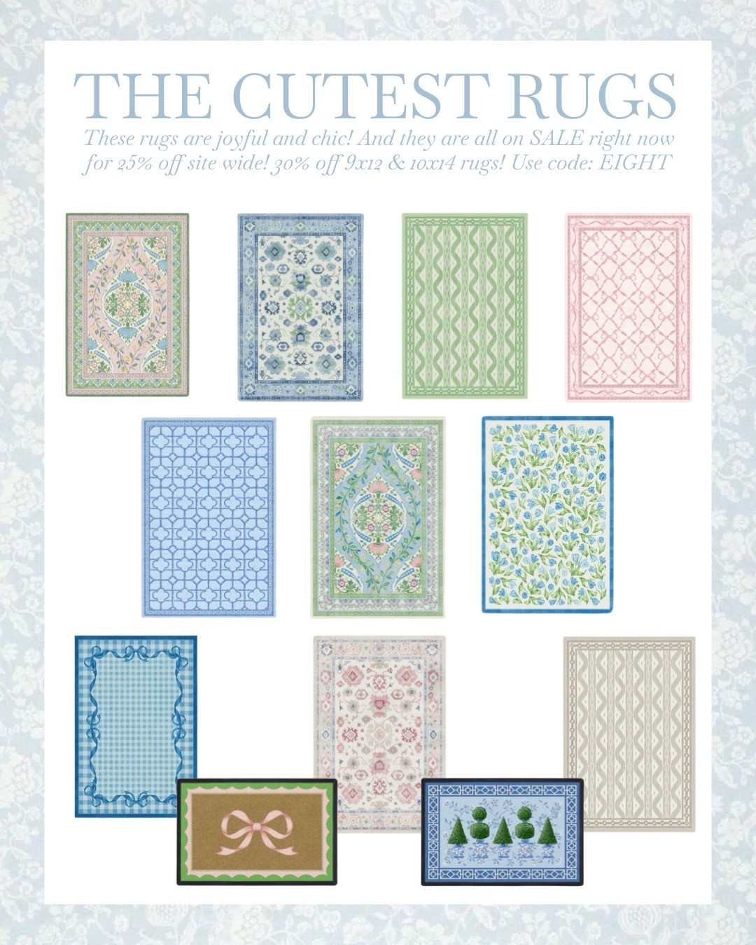 These rugs are joyful and chic! And they are all on SALE right now for 25% off site wide! 30% off 9x12 & 10x14 rugs! Use code: EIGHT

So many of these rugs would be so precious in a nursery or kids room🩷🩵 also great for home decor in general - I’m picturing so many of these rugs looking amazing in living rooms, entry ways, bedrooms, etc 🏡

Also they are washable which is a huge win🙌🏼 especially for high traffic areas of the house or if you have kids and pets!! 

#home #homedecor #decor #homedesign #homeinspo #homedecorsale #interiordesign #design #livingroom #bedroom #entryway #nursery #kidsroom #outdoor #rug #rugs #ruggable #sale #salealert #deal #dealoftheday 

#LTKHome #LTKSaleAlert #LTKBaby