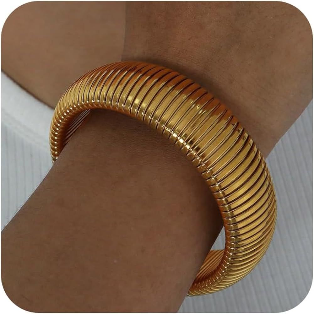 Poaiiu Bracelets for Women 14K Gold Plated/Silver Stretch 10/14/16mm Snake Chain Bangle Cuff Brac... | Amazon (US)