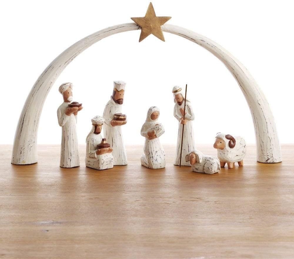 Seasonal Home Decor, Collectible Wood Figurines, Christmas, Religious, Catholic Home, Christian, Wood Nativity Set, Jesus Manger Scene, Holy Family, Tabletop, Rustic, White, Star Arch, Set of 8 | Amazon (US)
