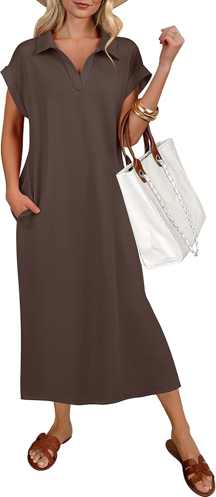 ANRABESS Womens Summer Casual Midi Dresses Short Sleeve Polo V Neck Loose Split Wrinkle-Free Beac... | Amazon (US)