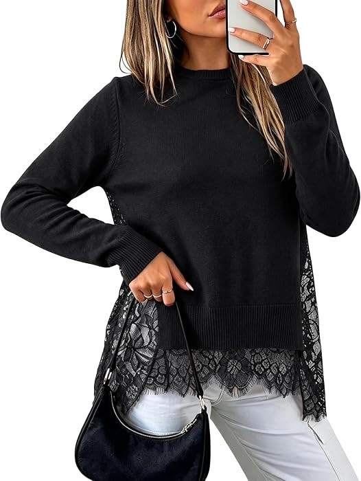 Women's Asymmetrical Lace Trim Knit Pullover Sweater | Amazon (US)